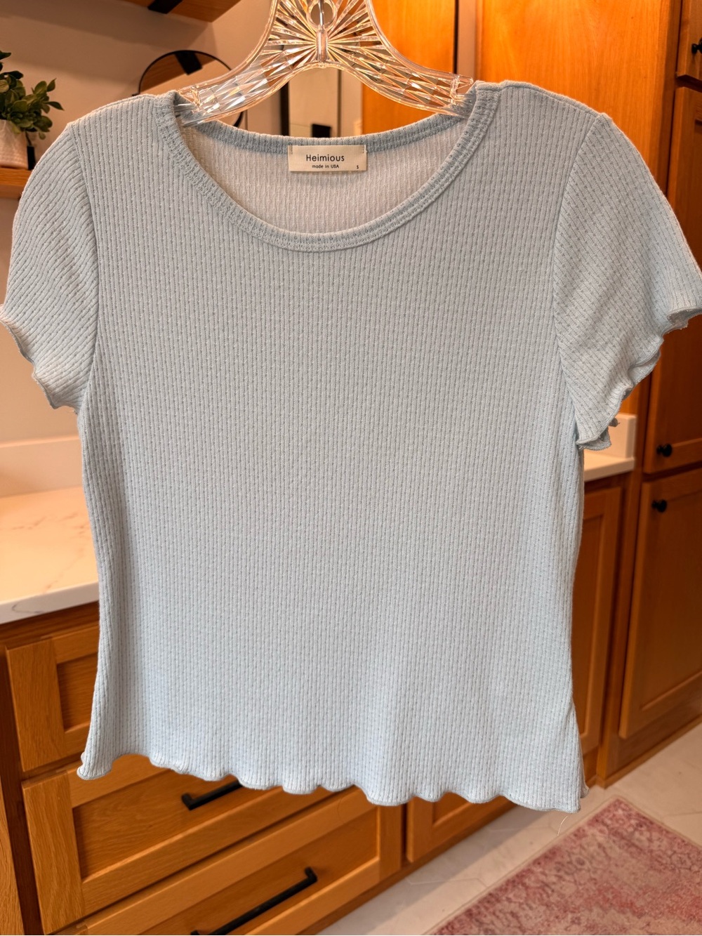 Heimious Ribbed Lettuce Hem Baby Tee Light Blue Soft Girl Top Small